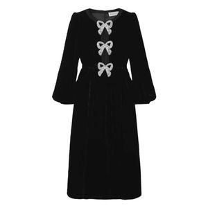 Saloni Camille Crystal Pearl Beaded Bow Embellished Velvet Midi Dress US 6 UK 10